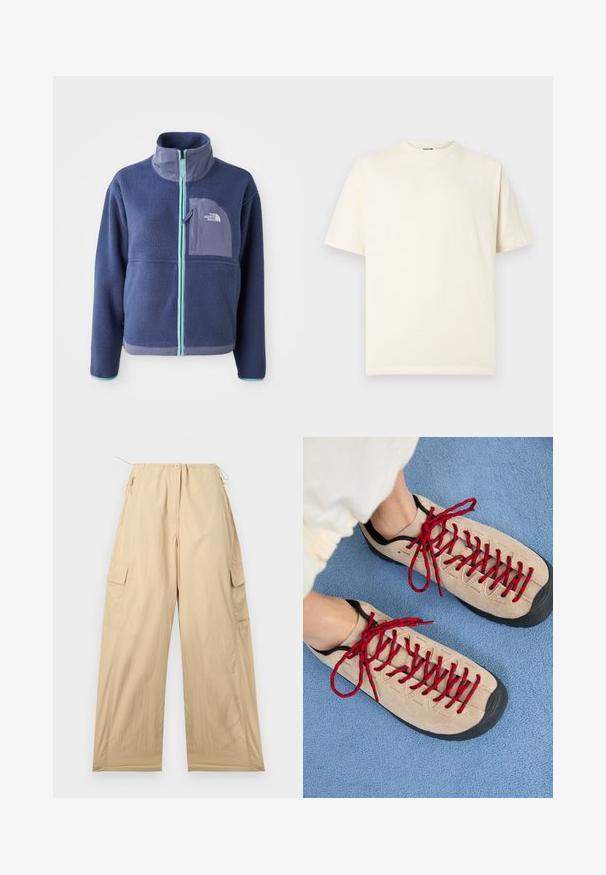 Fleece jacket in donker marineblauw met een hoge kraag, voorrits en lichtblauwe accenten. Bevat een borstzak met logodetail.; Crèmekleurig katoenen t-shirt met korte mouwen, ronde hals en klein logo aan de voorkant. Eenvoudig ontwerp, zachte textuur en ontspannen pasvorm.; Beige cargobroek met een ontspannen pasvorm, voorzien van een trekkoord in de taille, twee zijzakken en een soepele, lichte stof.; Beige schoenen met rode veters, geplaatst op een blauwe, gestructureerde ondergrond, onthullen gedeeltelijk de enkel van een persoon. De schoenen hebben een sportief ontwerp.
