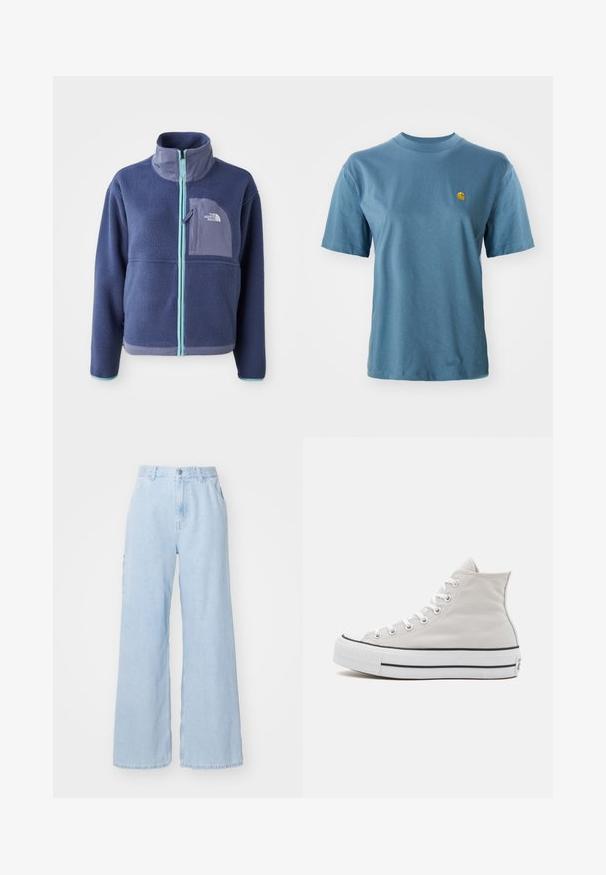 Chaqueta de forro polar en azul marino oscuro con cuello alto, cremallera frontal y detalles en azul claro. Presenta un bolsillo en el pecho con un logo.; Camiseta de algodón azul claro con mangas cortas y cuello redondo acanalado. Presenta un pequeño logo amarillo en el lado izquierdo del pecho como detalle.; Vaqueros de pierna ancha de color azul claro hechos de denim, con bolsillos frontales, pasadores para cinturón y cierre de botón. Textura lisa y acabado limpio.; Zapatillas altas de lona blanca con suela de goma, detalle de franja negra y ojales blancos, con punta redondeada y textura suave.