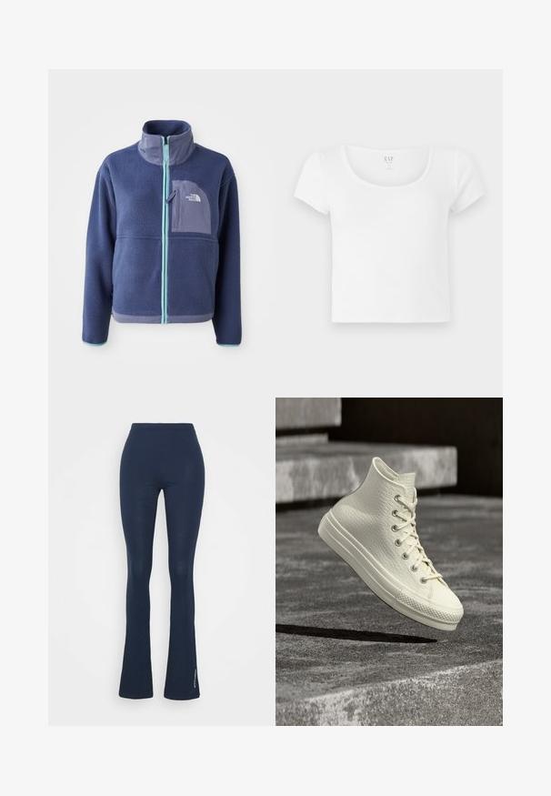 Fleecejakke i mørk marineblå med høj krave, frontlynlås og lyseblå detaljer. Har en brystlomme med logo.; Hvid kortærmet cropped t-shirt lavet af blødt bomuld, med rund halsudskæring og et enkelt design uden mønstre eller detaljer.; Marineblå, flagrende leggings lavet af et blødt, strækbart materiale med en glat struktur. Har en bred elastisk talje og et diskret mærke-logo.; Hvid højtop-sneaker med tekstureret mønster, snøret, svævende over grå betontrapper og kaster en skygge nedenunder.