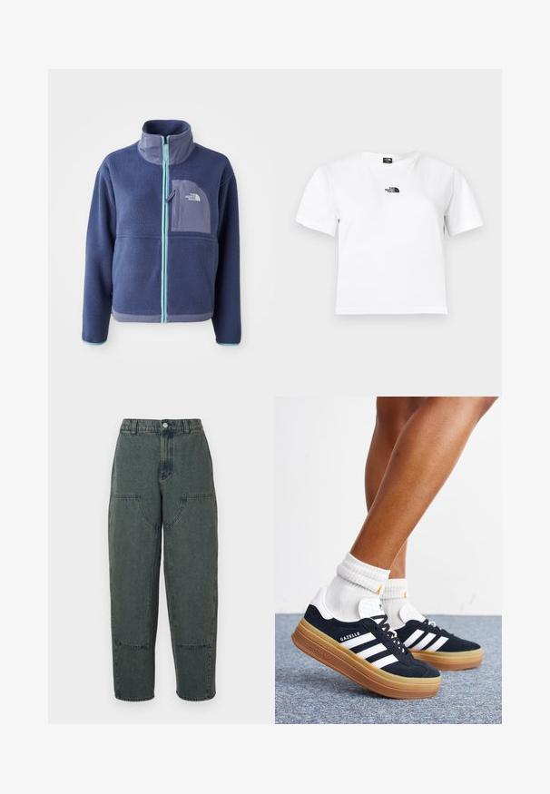 Fleece-Jacke in Dunkelblau mit hohem Kragen, Frontreißverschluss und hellblauen Akzenten. Verfügt über eine Brusttasche mit Logodetail.; Weißes Baumwoll-T-Shirt mit kurzen Ärmeln, einem Rundhalsausschnitt und einem schwarzen The North Face-Logo auf der Brust. Einfaches, schmuckloses Design.; Dunkelblaue Denim-Hosen mit lässiger Passform, ausgestattet mit Seitentaschen und kontrastierenden Nähten. Der Stoff hat eine leicht verblasste Textur.; Beine mit weißen Socken und schwarzen Adidas Gazelle Sneakers mit weißen Streifen und dicken braunen Sohlen auf einem grauen Teppichboden.