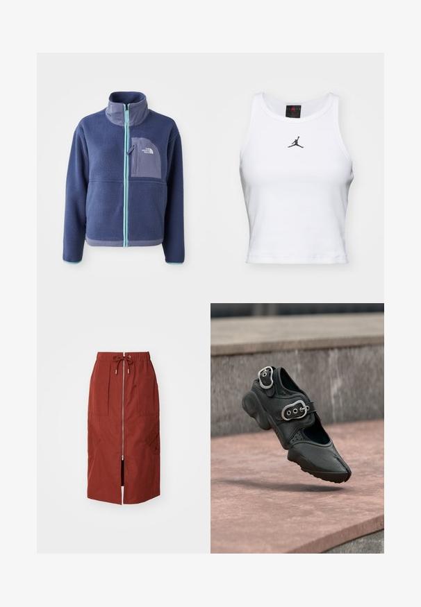 Fleece-takki tummansinisenä, jossa on korkea kaulus, etuvetoketju ja vaaleansiniset yksityiskohdat. Sisältää rintataskun, jossa on logoyksityiskohta.; Valkoinen lyhythihainen toppi, joka on valmistettu puuvillasta ja jossa on ribbikuvio. Keskellä on musta Jordan-logo ja klassinen pyöreä pääntie.; Keski-pitkä hame terrakottapunaisena, jossa on etuvetoketju, joustava vyötärönyöri ja sivutaskut, joihin on painettu geometrinen kuvio.; Musta jaettukärjellinen kenkä, jossa kaksi hopeista solkea, paksu pohja ja rei'itetyt yksityiskohdat, kelluu kivipinnan yllä.
