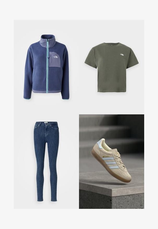 Fleece jacket in donker marineblauw met een hoge kraag, voorrits en lichtblauwe accenten. Bevat een borstzak met logodetail.; Olivengroen katoenen T-shirt met korte mouwen, ronde hals en een klein wit logo op de linkerborst. Gladde textuur en een ontspannen pasvorm.; Donkerblauwe high-waist skinny jeans met knoop- en ritssluiting, voorzakken en riemlussen op een effen lichte achtergrond.; Beige suède sneaker met lichtblauwe strepen, voorzien van een gumzool, gouden "Gazelle"-logo en een klassiek vetersluiting ontwerp op een grijze ondergrond.