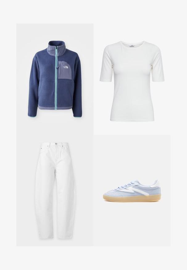 Fleece jacket in donker marineblauw met een hoge kraag, voorrits en lichtblauwe accenten. Bevat een borstzak met logodetail.; Witte, nauwsluitende T-shirt met korte mouwen en ronde hals, met een gladde textuur en zonder zichtbare patronen of logo's.; Witte denim spijkerbroek met hoge taille, knoop aan de voorkant, ritssluiting, riemlussen en ontwerp met vijf zakken op een effen achtergrond.; Lichtblauwe suède sneaker met witte leren accenten, lichtblauwe veters en een rubberen zool.