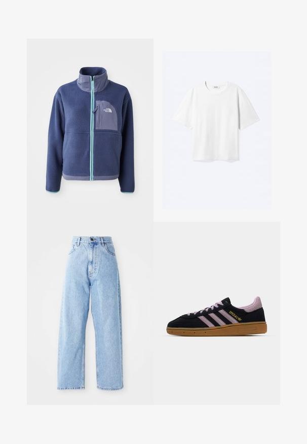 Fleece jacket in donker marineblauw met een hoge kraag, voorrits en lichtblauwe accenten. Bevat een borstzak met logodetail.; Witte T-shirt met korte mouwen en een ronde hals met rechte zoom, met een "WEEKDAY" merklabel aan de binnenkant van de hals.; Hogewaisted lichtblauwe denim jeans met rechte wijde pijpen, voorste knoop, ritssluiting en voor- en achterkant zakken.; Zwarte en roze suede sneaker met rubberen zool, drie roze strepen, gouden "SPEZIAL" branding en een gestructureerde gumzool. Lage ontwerp.