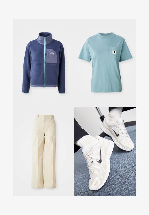 Fleece-Jacke in Dunkelblau mit hohem Kragen, Frontreißverschluss und hellblauen Akzenten. Verfügt über eine Brusttasche mit Logodetail.; Helles blaues, kurzärmliges Baumwoll-T-Shirt mit Brusttasche, das mit einem kleinen schwarz-weißen Carhartt-Logo-Patch versehen ist.; Beige weit geschnittene Hose mit hoher Taille, aus glattem Stoff und ordentlich gebügelten Vorderfalten, vor einem schlichten weißen Hintergrund.; Weiße und beige Nike-Sneaker mit einem Obermaterial aus Mesh, strukturiertem Overlay, schwarzem Swoosh und einer gepolsterten Sohle mit rutschfester Außensohle.