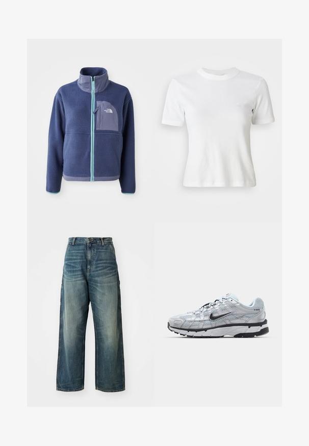 Fleece-takki tummansinisenä, jossa on korkea kaulus, etuvetoketju ja vaaleansiniset yksityiskohdat. Sisältää rintataskun, jossa on logoyksityiskohta.; Valkoinen ribatut lyhythihainen t-paita, jossa on pyöreä pääntie ja pieni logo rinnassa. Valmistettu pehmeästä kankaasta, jossa on istuva malli.; Laineet tummansiniset leveät farkut haalistuneessa sinisessä värissä. Ominaisuuksiin kuuluu nappikiinnitys, viisi taskua ja näkyvät ompeleet. Materiaali on sileä.; Nike P-6000 tennarit, joissa on vaaleanharmaa verkkomateriaali, mustia yksityiskohtia ja kestävä musta kumipohja. Ominaisuuksia ovat monimutkainen muotoilu ja nauhoitusjärjestelmä.