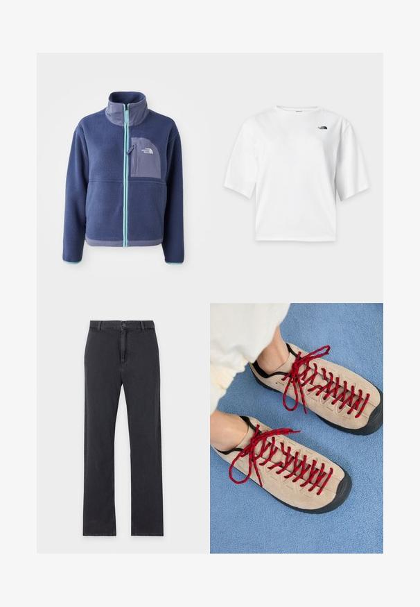 Fleece jacket in donker marineblauw met een hoge kraag, voorrits en lichtblauwe accenten. Bevat een borstzak met logodetail.; Wit T-shirt met korte mouwen en ronde hals met het zwarte The North Face-logo op de linkerborst.; Zwarte jeans met rechte pijpen, knoop- en ritssluiting aan de voorkant, riemlussen en klassiek ontwerp met vijf zakken, plat gelegd op een witte achtergrond.; Beige schoenen met rode veters, geplaatst op een blauwe, gestructureerde ondergrond, onthullen gedeeltelijk de enkel van een persoon. De schoenen hebben een sportief ontwerp.