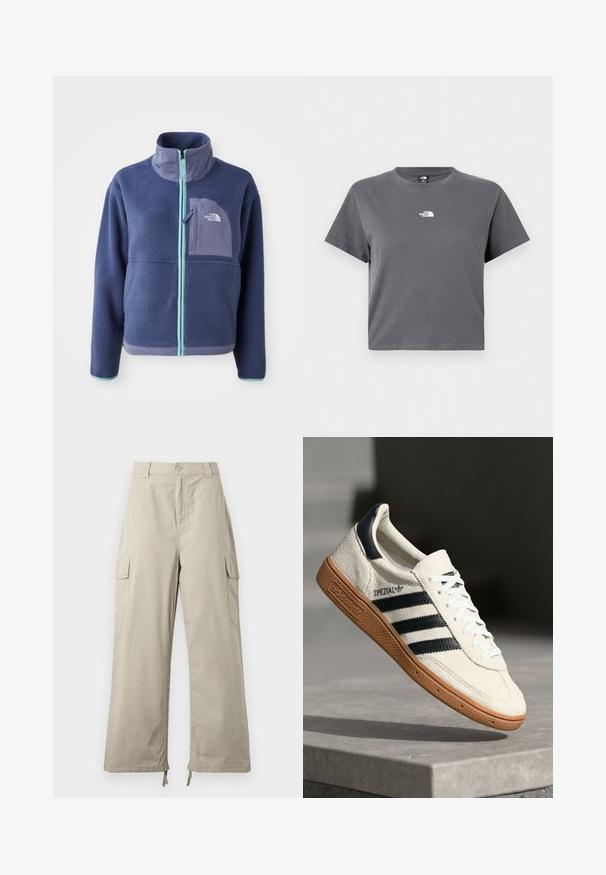 Fleece jacket in donker marineblauw met een hoge kraag, voorrits en lichtblauwe accenten. Bevat een borstzak met logodetail.; Korte mouwen, grijs cropped t-shirt met ronde hals en een klein wit The North Face-logo gecentreerd op de borst.; Lichtbeige cargobroek met een relaxte pasvorm, voorzien van een knoopsluiting, zijzakken en een verstelbare zoom met strikjes. Soepele stofstructuur.; Witte suède sneakers met marineblauwe strepen, rubberen gumzool, gestructureerde bovenkant, ronde neus en veters; heeft branding aan de zijkant en op de tong.