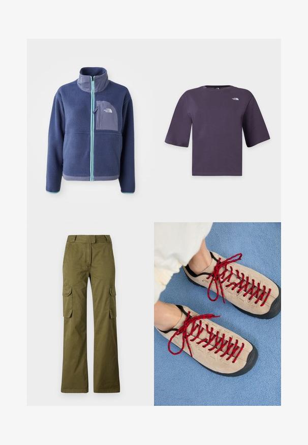 Fleece jacket in donker marineblauw met een hoge kraag, voorrits en lichtblauwe accenten. Bevat een borstzak met logodetail.; Donkerpaarse T-shirt met korte mouwen en ronde hals met het witte The North Face-logo op de linkerborst.; Olijfgroene cargobroek van een katoenmix, met een rechte pijp, twee zijzakken en een knoopsluiting bij de taille.; Beige schoenen met rode veters, geplaatst op een blauwe, gestructureerde ondergrond, onthullen gedeeltelijk de enkel van een persoon. De schoenen hebben een sportief ontwerp.