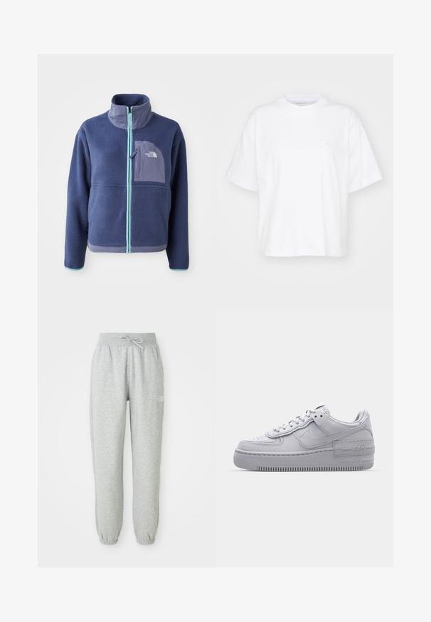Fleece jacket in donker marineblauw met een hoge kraag, voorrits en lichtblauwe accenten. Bevat een borstzak met logodetail.; Witte katoenen t-shirt met een ronde hals, korte mouwen en een ontspannen pasvorm. Heeft een subtiel logo op het linkerborstgedeelte. Zachte textuur.; Grijze sweatpants met een elastische tailleband en trekkoord. De stof is zacht, met elastische boorden bij de enkels en een logodetail.; Grijze Nike Air Force 1 sneaker met geperforeerde neus, glad leren bovenwerk, dikke zool en verhoogde 'AIR' details op de hiel.