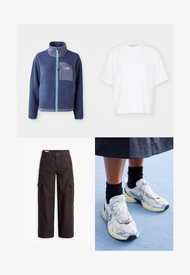 Chaqueta de forro polar en azul marino oscuro con cuello alto, cremallera frontal y detalles en azul claro. Presenta un bolsillo en el pecho con un logo.; Camiseta de algodón blanca con cuello redondo, mangas cortas y un corte relajado. Presenta un logo sutil en el área del pecho izquierdo. Textura suave.; Pantalones cargo rectos de color marrón oscuro con bolsillos laterales de solapa, cierre de botón, presillas para cinturón y bragueta con cremallera frontal.; Zapatillas Nike blancas y plateadas con tejido de malla, detalles reflectantes y una suela beige. Llevadas con calcetines negros, de pie sobre una superficie azul.