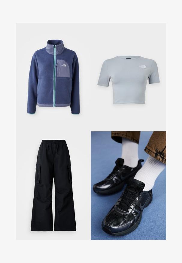 Fleece jacket in donker marineblauw met een hoge kraag, voorrits en lichtblauwe accenten. Bevat een borstzak met logodetail.; Lichtgrijs cropped T-shirt met korte mouwen, een ronde hals en wit "The North Face" logo op de linkerborst.; Zwarte cargobroek met wijde pijpen, elastische tailleband, verstelbaar trekkoord en twee steekzakken. Gemaakt van een gladde, lichte stof.; Zwarte Nike sneakers van mesh en synthetisch materiaal, met een gestructureerde bovenzijde, zwarte veters en duurzame rubberen zolen. Witte geribbelde sokken zichtbaar.