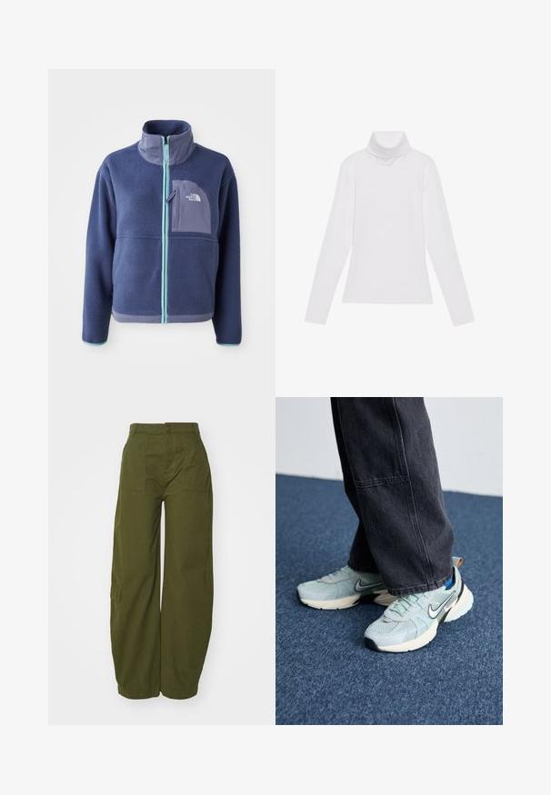 Fleece-Jacke in Dunkelblau mit hohem Kragen, Frontreißverschluss und hellblauen Akzenten. Verfügt über eine Brusttasche mit Logodetail.; Weißes Langarm-Turtleneck-Oberteil aus glattem, elastischem Stoff. Mit hohem Kragen und tailliertem Schnitt, ohne sichtbare Muster oder Verzierungen.; Olivgrüne Cargohosen aus Baumwolle mit weitem Bein, Fronttaschen und einem Knopfverschluss am Bund.; Himmelblaue Mesh-Nike-Sneaker mit strukturiertem Finish, schwarzem Swoosh und cremefarbener Zwischensohle, kombiniert mit dunkelgrauen weiten Hosen.