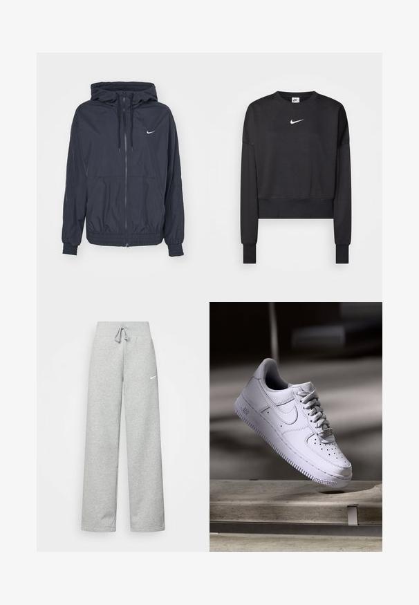 Čierna vetrovka Nike s predným zipsom, kapucňou na sťahovanie, elastickými manžetami a bočnými vreckami, s jemným logom na hrudi.; Čierna krátka mikina vyrobená z bavlnenej zmesi, s okrúhlym výstrihom, dlhými rukávmi a bielym logom Nike na hrudi.; Šedé tepláky s elastickým pásom, detailom na šnúrku a malým bielym logom Nike na ľavom stehne. Mäkká tkanina, voľný strih.; Biele tenisky Nike Air Force 1 vznášajúce sa nad betónovým povrchom so tieňmi v minimalistickom prostredí.