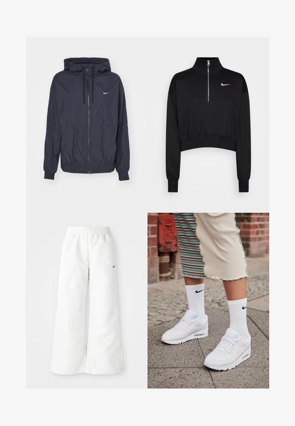 Schwarze Nike Windbreaker-Jacke mit einem Reißverschluss vorne, einer Kordelzugkapuze, elastischen Bündchen und seitlichen Taschen, die ein dezentes Logo auf der Brust zeigt.; Schwarzer, kurzer Sweatshirt mit hohem Kragen, halbem Reißverschluss, gerippten Bündchen und kleinem weißen Nike-Logo auf der linken Brust. Weicher Stoff.; Weiße Sporthose mit weitem Bein, elastischem Bund und kleinem schwarzen Nike-Logo auf der linken Seite. Glattes, leichtes Material.; Weiße Nike Air Max 90 Sneakers mit Obermaterial aus Mesh und Leder, ausgestattet mit einer sichtbaren Air-Einheit, kombiniert mit weißen gerippten Socken mit schwarzem Logo.
