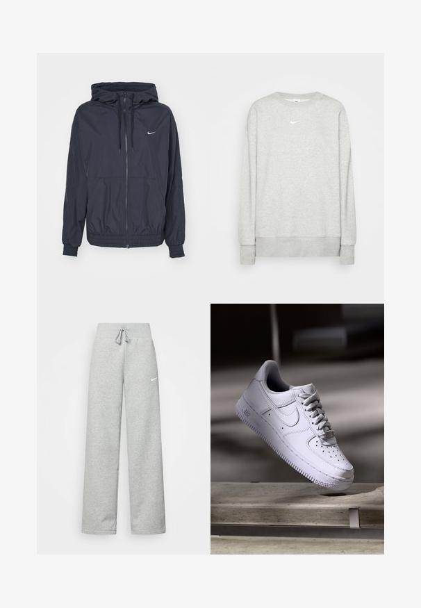 Čierna vetrovka Nike s predným zipsom, kapucňou na sťahovanie, elastickými manžetami a bočnými vreckami, s jemným logom na hrudi.; Svetlá šedá mikina s krátkym rukávom vyrobená z mäkkého textilu, s malým bielym logom Nike na hrudi a rebrovými manžetami a lemom.; Šedé tepláky s elastickým pásom, detailom na šnúrku a malým bielym logom Nike na ľavom stehne. Mäkká tkanina, voľný strih.; Biele tenisky Nike Air Force 1 vznášajúce sa nad betónovým povrchom so tieňmi v minimalistickom prostredí.