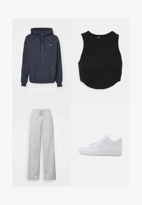Μαύρο αδιάβροχο μπουφάν Nike με φερμουάρ μπροστά, κουκούλα με κορδόνι, ελαστικές μανσέτες και πλαϊνές τσέπες, με μια διακριτική λογότυπο στο στήθος.; Μαύρο ριγέ crop top με ψηλό λαιμό και σχεδόν χωρίς μανίκια. Μαλακή υφή με εφαρμοστό σχήμα και ελαφρώς καμπυλωτό στρίφωμα.; Γκρίζα φόρμα με ελαστική μέση, λεπτομέρεια με κορδόνι και μικρό λευκό λογότυπο Nike στο αριστερό μηρό. Μαλακό ύφασμα, χαλαρή εφαρμογή.; Λευκό χαμηλό sneaker με διάτρητη μύτη, λογότυπο Nike και διακοσμητικές λευκές ανθισμένες λεπτομέρειες στη φτέρνα και στην πλευρά.