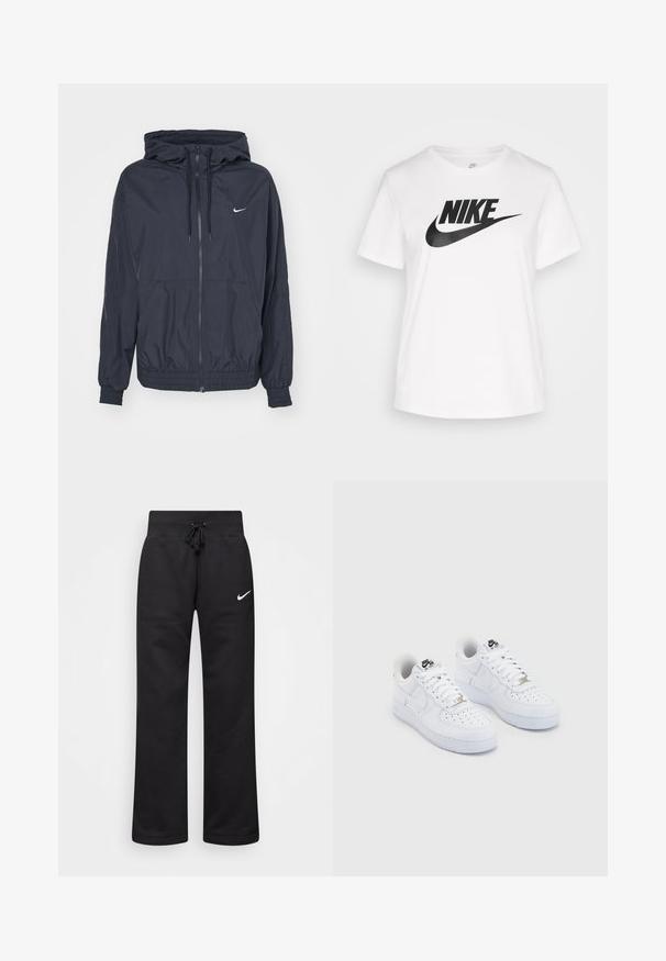 Schwarze Nike Windbreaker-Jacke mit einem Reißverschluss vorne, einer Kordelzugkapuze, elastischen Bündchen und seitlichen Taschen, die ein dezentes Logo auf der Brust zeigt.; Weißes Baumwoll-T-Shirt mit Rundhalsausschnitt, kurzen Ärmeln und einem großen schwarzen Nike-Logo, das über die Brust gedruckt ist. Glatte Textur und lässiges Design.; Schwarze Sweatpants aus einem Baumwollmix, mit einem Kordelzugbund, geraden Beinen und einem weißen Nike-Logo auf der linken Seite.; Weiße Nike Air Force 1 Sneaker mit einem geschmeidigen Obermaterial aus Leder, perforierter Zehenbox, weißen Schnürsenkeln und schwarzem Branding auf der Zunge.