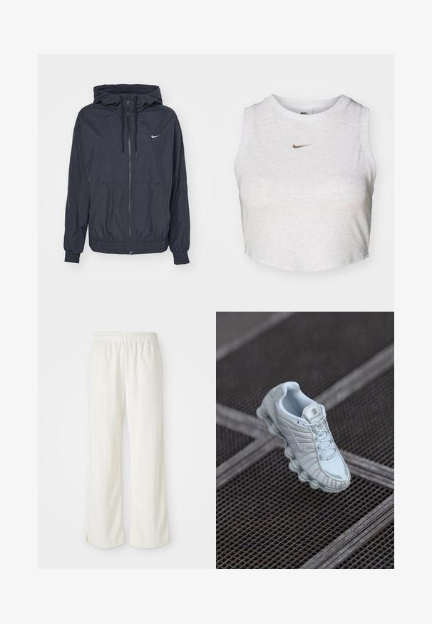 Schwarze Nike Windbreaker-Jacke mit einem Reißverschluss vorne, einer Kordelzugkapuze, elastischen Bündchen und seitlichen Taschen, die ein dezentes Logo auf der Brust zeigt.; Weißes Crop-Top aus weichem, strukturiertem Stoff. Verfügt über einen runden Ausschnitt und einen ärmellosen Schnitt mit einem kleinen goldenen Nike-Logo auf der Vorderseite.; Cremfarbene Hose mit einem weiten Bein-design, aus leichtem Material, mit vertikalen Streifen und einem elastischen Bund.; Helles blaues Sportschuh mit einer strukturierten Oberseite, ausgestattet mit einer abgerundeten Sohle mit zylindrischen Elementen und einem auffälligen Logo auf der Zunge.