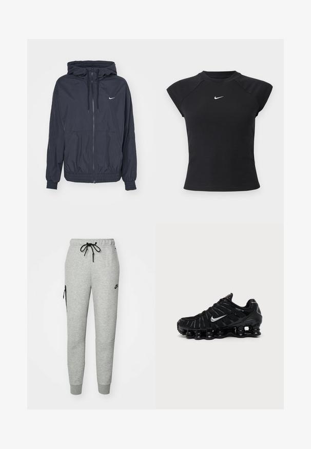 Čierna vetrovka Nike s predným zipsom, kapucňou na sťahovanie, elastickými manžetami a bočnými vreckami, s jemným logom na hrudi.; Čierny top s krátkym rukávom so žíhanou textúrou, okrúhlym výstrihom a malým bielym logom Nike na hrudi.; Šedé tepláky vyrobené z mäkkého materiálu s pásom na šnúrku, zúženými nohavicami a zipsovou vreckom na ľavej strane. Obsahujú čierne logo.; Čierna Nike športová obuv so strieborným logom Swoosh, sieťovinovým a syntetickým zvrškom a výraznou segmentovanou podrážkou s poduškami.