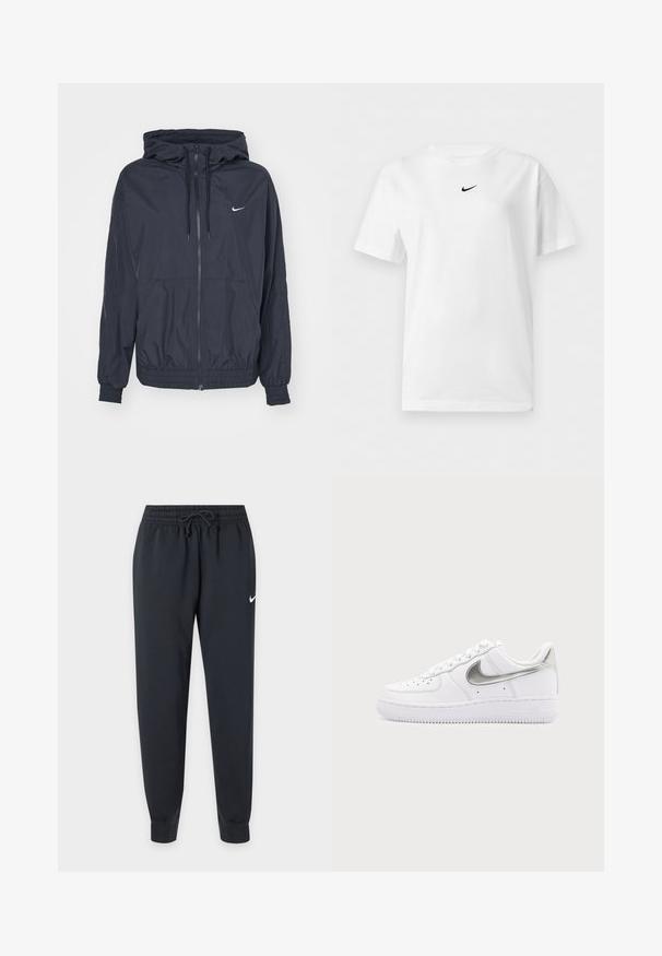 Zwarte Nike windjack met een rits aan de voorkant, een capuchon met trekkoord, elastische manchetten en zijzakken, met een subtiele logo op de borst.; Wit T-shirt met korte mouwen en een ronde hals, met een klein zwart Nike Swoosh-logo centraal vlakbij de kraag.; Zwarte Nike sweatpants met elastische tailleband en trekkoord, taps toelopende pijpen, geribbelde enkels en een kleine witte Nike-swoosh op de rechterdij.; Witte lage sneaker met metallic zilveren Nike-swoosh en witte veters op een effen lichtgrijze achtergrond.