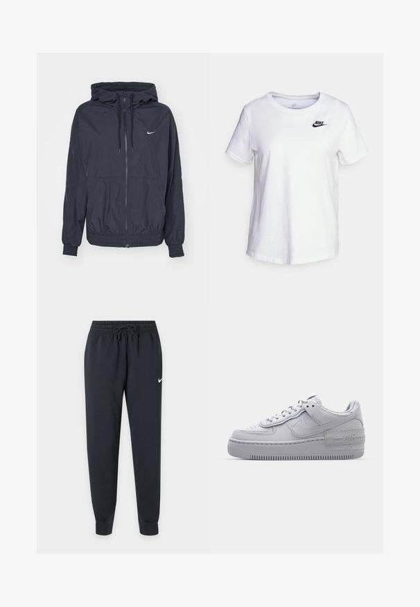 Zwarte Nike windjack met een rits aan de voorkant, een capuchon met trekkoord, elastische manchetten en zijzakken, met een subtiele logo op de borst.; Witte katoenen t-shirt met een ronde halslijn en korte mouwen. Bevat een zwart Nike-logo op de bovenlinker borst.; Zwarte Nike sweatpants met elastische tailleband en trekkoord, taps toelopende pijpen, geribbelde enkels en een kleine witte Nike-swoosh op de rechterdij.; Grijze Nike Air Force 1 sneaker met geperforeerde neus, glad leren bovenwerk, dikke zool en verhoogde 'AIR' details op de hiel.