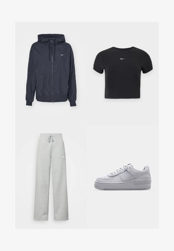 Zwarte Nike windjack met een rits aan de voorkant, een capuchon met trekkoord, elastische manchetten en zijzakken, met een subtiele logo op de borst.; Zwart cropped t-shirt van katoen, met een ronde hals en korte mouwen. Opvallend wit Nike-logo op de borst.; Grijze sweatpants met een elastische tailleband, een trekkoord-detail en een klein wit Nike-logo op de linkerdij. Zachte stof, losvallend.; Grijze Nike Air Force 1 sneaker met geperforeerde neus, glad leren bovenwerk, dikke zool en verhoogde 'AIR' details op de hiel.