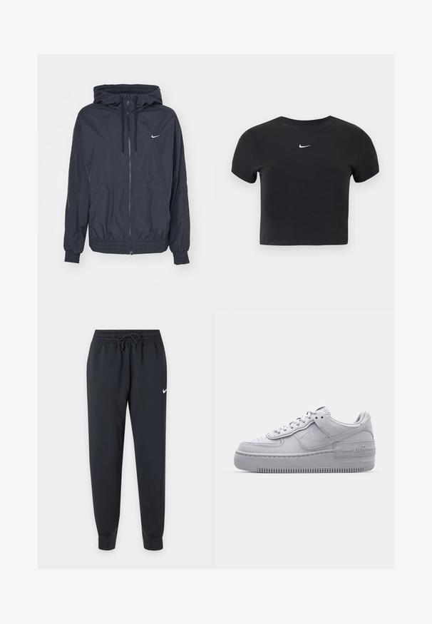 Schwarze Nike Windbreaker-Jacke mit einem Reißverschluss vorne, einer Kordelzugkapuze, elastischen Bündchen und seitlichen Taschen, die ein dezentes Logo auf der Brust zeigt.; Schwarzes, kurz geschnittenes T-Shirt aus Baumwolle mit rundem Ausschnitt und kurzen Ärmeln. Auffälliges weißes Nike-Logo auf der Brust.; Schwarze Nike Jogginghose mit elastischem Bund und Kordelzug, schmal zulaufenden Beinen, Bündchen an den Knöcheln und kleinem weißen Nike-Swoosh am rechten Oberschenkel.; Graue Nike Air Force 1 Sneaker mit perforierter Zehenpartie, Obermaterial aus glattem Leder, dicker Sohle und geprägtem 'AIR'-Detail an der Ferse.