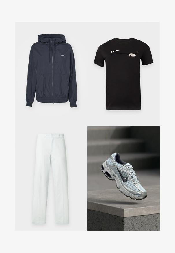 Schwarze Nike Windbreaker-Jacke mit einem Reißverschluss vorne, einer Kordelzugkapuze, elastischen Bündchen und seitlichen Taschen, die ein dezentes Logo auf der Brust zeigt.; Schwarzes Baumwoll-T-Shirt mit kurzen Ärmeln, ausgestattet mit einem einzigartigen Frontdesign und weißen Grafiken. Glatte Textur und klassischer Rundhalsausschnitt.; Hellblaue Baumwollhose mit geradem Bein, ausgestattet mit Knopfverschluss und Gürtelschlaufen. Glatte Textur, ohne sichtbare Muster.; Weißer und grauer Nike-Laufschuh mit schwarzem Logo, der über einem Betonsims vor verschwommenem grauem Hintergrund schwebt.
