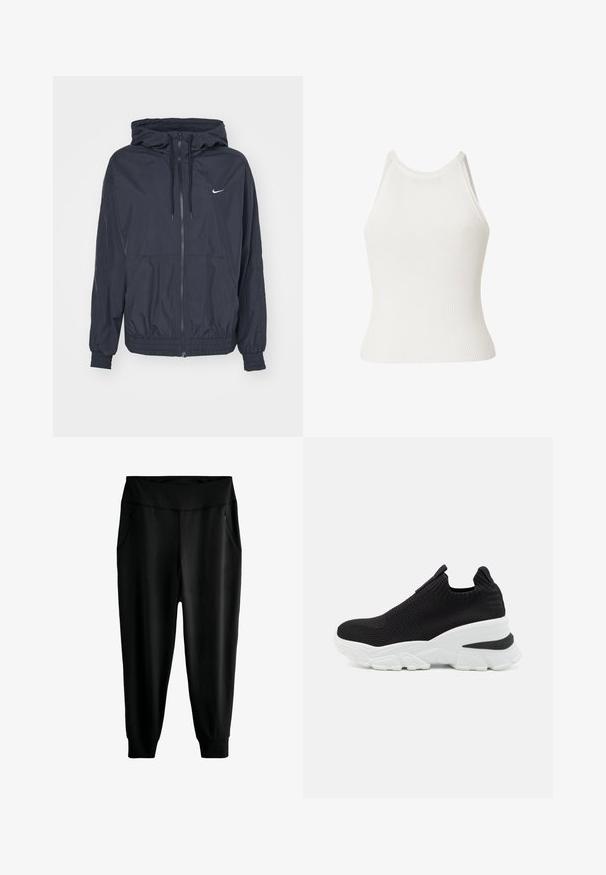 Zwarte Nike windjack met een rits aan de voorkant, een capuchon met trekkoord, elastische manchetten en zijzakken, met een subtiele logo op de borst.; Witte geribbelde mouwloze top met hoge hals, aansluitende pasvorm en een lichte uitlopende zoom.; Zwarte joggingbroek gemaakt van gladde stof heeft een brede tailleband en twee met rits afgesloten zijzakken, met taps toelopende pijpen die eindigen in boorden.; Zwarte gebreide instapsneaker met een witte chunky zool, voorzien van textielmateriaal en een trekflap aan de achterkant voor gemakkelijk aan- en uittrekken.