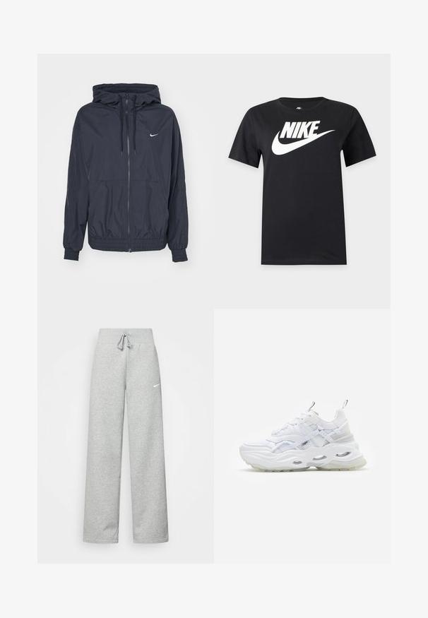 Schwarze Nike Windbreaker-Jacke mit einem Reißverschluss vorne, einer Kordelzugkapuze, elastischen Bündchen und seitlichen Taschen, die ein dezentes Logo auf der Brust zeigt.; Schwarzes T-Shirt mit kurzen Ärmeln und großem weißem Nike-Logo sowie Swoosh über der Brust auf einfarbigem Hintergrund.; Graue Jogginghose mit elastischem Bund, Kordelzug und kleinem weißen Nike-Logo am linken Oberschenkel. Weicher Stoff, locker sitzend.; Weißer Sneaker mit dickem Profil, geschichtetem Mesh- und Synthetik-Obermaterial, mit gemusterten Akzenten, Schnürsystem und Zuglasche.
