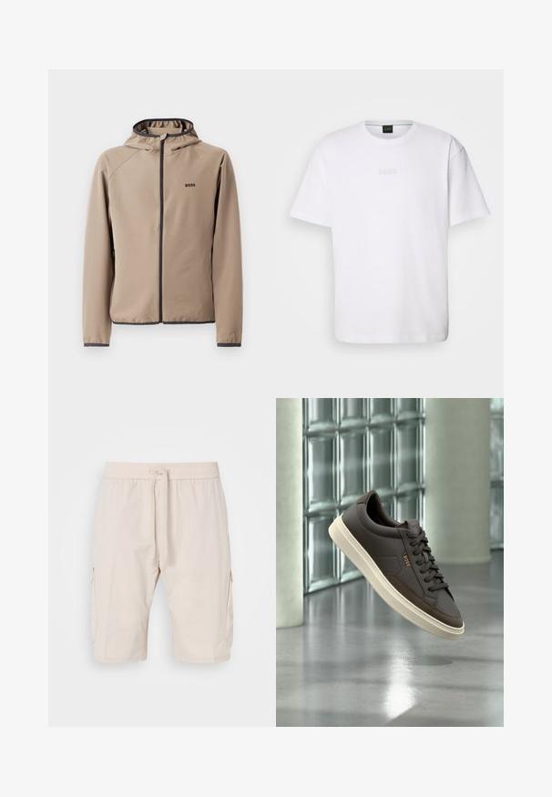 Beige hættejakke med lynlåsfront, sorte detaljer og logo på brystet. Fremstillet af et glat, strækbart stof med en tætsiddende design.; Hvid bomulds T-shirt med korte ærmer, rund halsudskæring og præget "BOSS" logo på brystet. Glat tekstur, standard pasform.; Beige cargoshorts med elastisk talje og snor, der har to sidelommer og et glat, let materiale.; Brun lædersneaker med hvid sål og snørebånd, mærket "BOSS", vist svævende indendørs nær glasblokvæg og glat gulv.