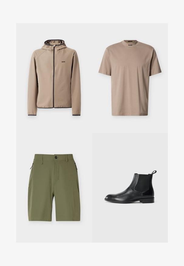 Beige hættejakke med lynlåsfront, sorte detaljer og logo på brystet. Fremstillet af et glat, strækbart stof med en tætsiddende design.; Beige T-shirt med korte ærmer og høj rund hals med "BOSS"-branding på kraven. Fremstillet af blødt stof med en glat tekstur.; Mandeshorts i olivengrøn, knælange, med knaplukning og lynlåslommer i siden på hvid baggrund.; Sorte læder ankelstøvler med elastiske sidepaneler, rund tå og en trækloft. Glat tekstur, flad sål, minimalistisk design.