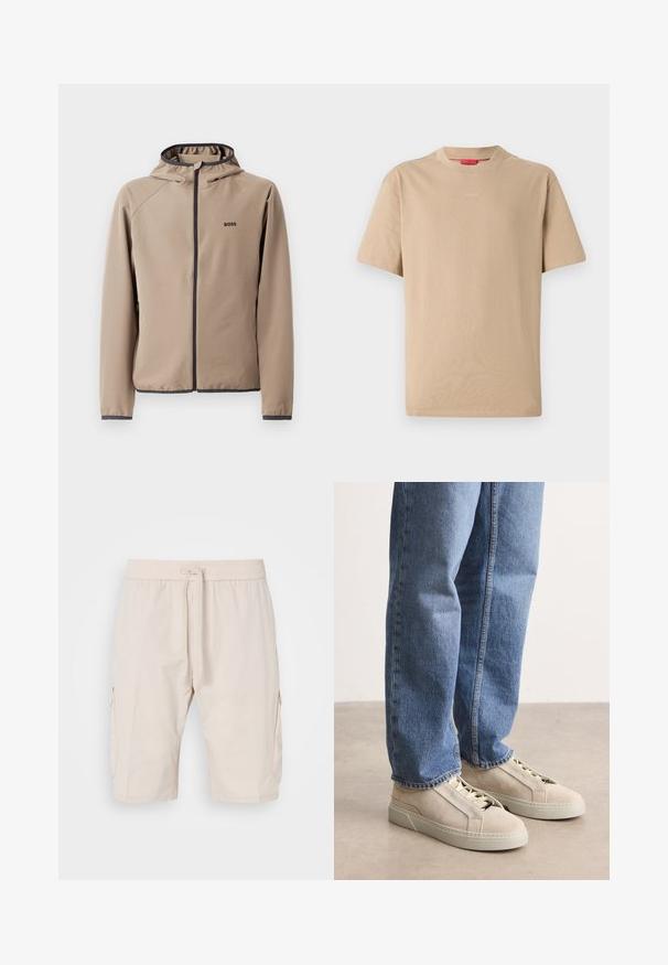 Beige gewatteerde jas met een ritssluiting aan de voorkant, zwarte accenten en een logo op de borst. Gemaakt van een gladde, rekbare stof met een getailleerd ontwerp.; Beige katoenen T-shirt met korte mouwen, ronde hals en subtiele "HUGO"-logo in het midden. Glad textuur, ontspannen pasvorm.; Beige cargoshorts met een elastische tailleband en trekkoord, voorzien van twee zijzakken en een soepele, lichte stof.; BOSS GARYTENN_SDHDEL - Sneakers laag - natural ten