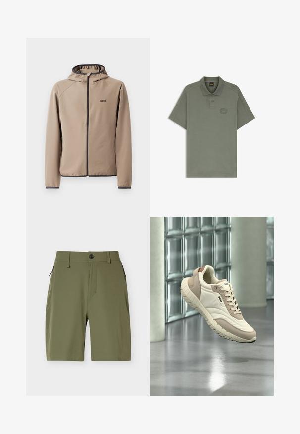 Beige gewatteerde jas met een ritssluiting aan de voorkant, zwarte accenten en een logo op de borst. Gemaakt van een gladde, rekbare stof met een getailleerd ontwerp.; Olijfgroen poloshirt met korte mouwen, kraag, twee knopen en een subtiel donker logo op de linkerborst.; Olijfgroene kniebroeken voor heren met een knoopsluiting en ritszakken aan de zijkant op een witte achtergrond.; Beige en crèmekleurige BOSS sneaker met gestructureerde zool, veters aan de voorkant en gebrandmerkt logo, zwevend boven een reflecterende grijze vloer vlak bij een wand van glazen blokken.