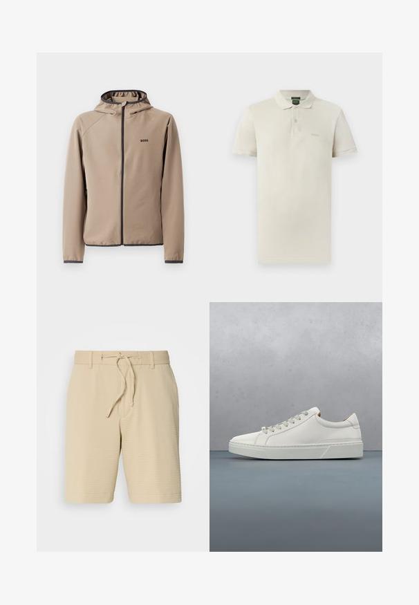Beige hættejakke med lynlåsfront, sorte detaljer og logo på brystet. Fremstillet af et glat, strækbart stof med en tætsiddende design.; Polo i lysebeige bomuld med klassisk krave, korte ærmer, to-knaps åbning og en diskret broderet logo på brystet.; Beige shorts lavet af tekstureret stof, med en elastisk talje med snøre og sidelommer for funktionalitet.; Hvid lædersneaker med rund tå, minimalistisk design, grå snørebånd og en tekstureret grå gummisål. Subtile syningsdetaljer er synlige.