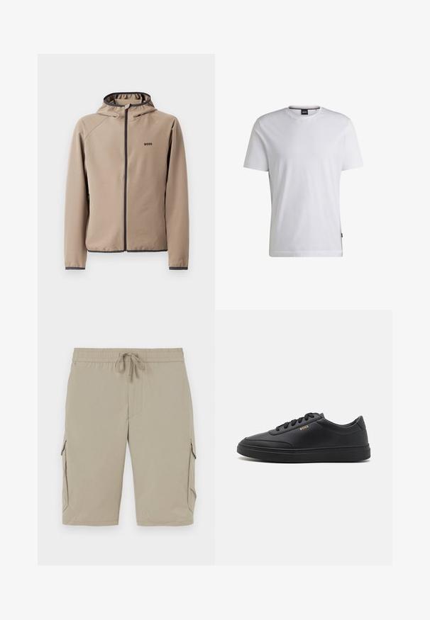 Chaqueta beige con capucha y cierre frontal, detalles en negro y logotipo en el pecho. Fabricada en un tejido suave y elástico con un diseño ajustado.; Camiseta blanca de manga corta hecha de algodón. Cuenta con un cuello redondo y una etiqueta de marca sutil en el lateral. Textura suave y diseño simple.; Pantalones cortos cargo beige con cinturilla elástica y cordón. Cuentan con bolsillos laterales y una tela suave y ligera.; Zapatillas de cuero negro con una textura suave, punta redondeada, suela plana de goma y cordones a tono. Presentan el logotipo dorado "BOSS" en el lateral.