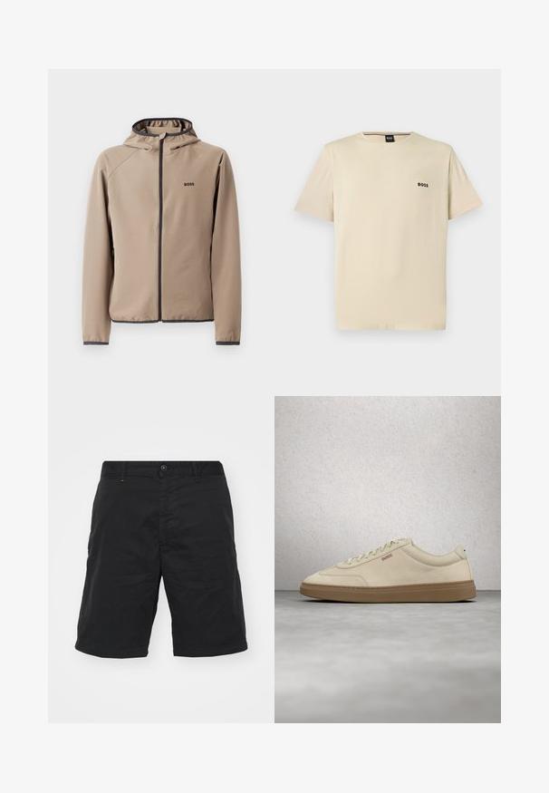 Beige gewatteerde jas met een ritssluiting aan de voorkant, zwarte accenten en een logo op de borst. Gemaakt van een gladde, rekbare stof met een getailleerd ontwerp.; Beige T-shirt met korte mouwen en ronde hals met klein zwart "BOSS"-logo op de linkerborst.; Zwarte shorts van lichtgewicht stof, met een knoopsluiting, riemlussen en een rechte snit. Eenvoudig ontwerp zonder zichtbare patronen.; Lichtbeige suède sneaker met een zool van gumrubber, opvallende veters en subtiele stikdetails. Strak ontwerp met een minimalistische uitstraling.
