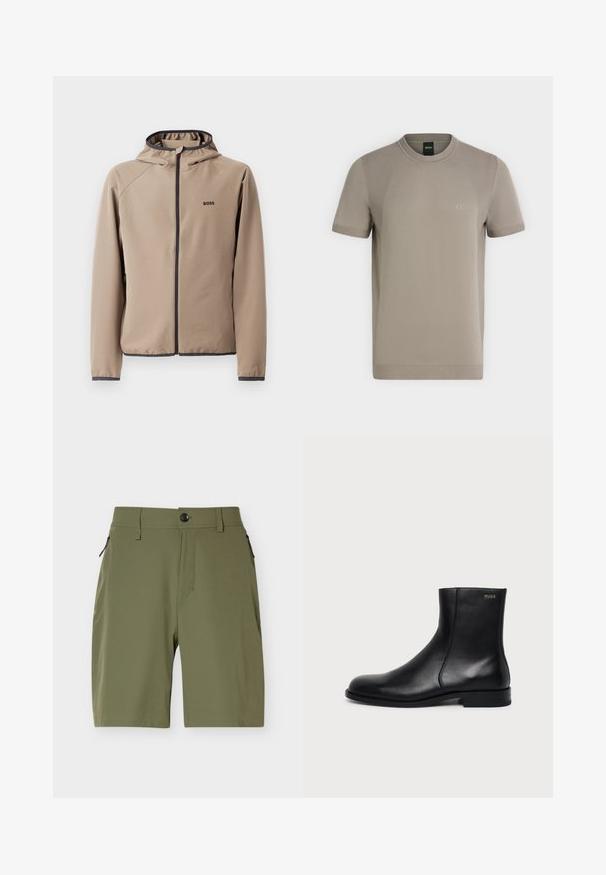 Beige hættejakke med lynlåsfront, sorte detaljer og logo på brystet. Fremstillet af et glat, strækbart stof med en tætsiddende design.; Beige kortærmet, rundhalset strikket T-shirt med subtile teksturerede sidepaneler og lille "BOSS" logo på venstre bryst.; Mandeshorts i olivengrøn, knælange, med knaplukning og lynlåslommer i siden på hvid baggrund.; Sort læderankelstøvle med lav hæl, sidesyning og lille "HUGO" logo på den øverste manchet mod en ensfarvet baggrund.