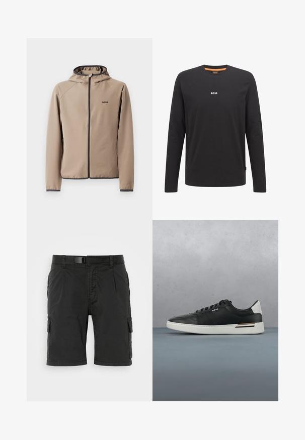 Chaqueta beige con capucha y cierre frontal, detalles en negro y logotipo en el pecho. Fabricada en un tejido suave y elástico con un diseño ajustado.; Camiseta de manga larga negra hecha de algodón. Presenta un cuello redondo y un pequeño logo blanco de "BOSS" en el pecho. Textura suave.; Pantalones cortos cargo negros con frente plano, múltiples bolsillos laterales y un cinturón, hechos de un tejido duradero con una textura suave.; Zapatilla de cuero negra con suela blanca, cuenta con perforaciones, diseño de cordones, logo en el costado y detalle del talón en blanco y marrón.