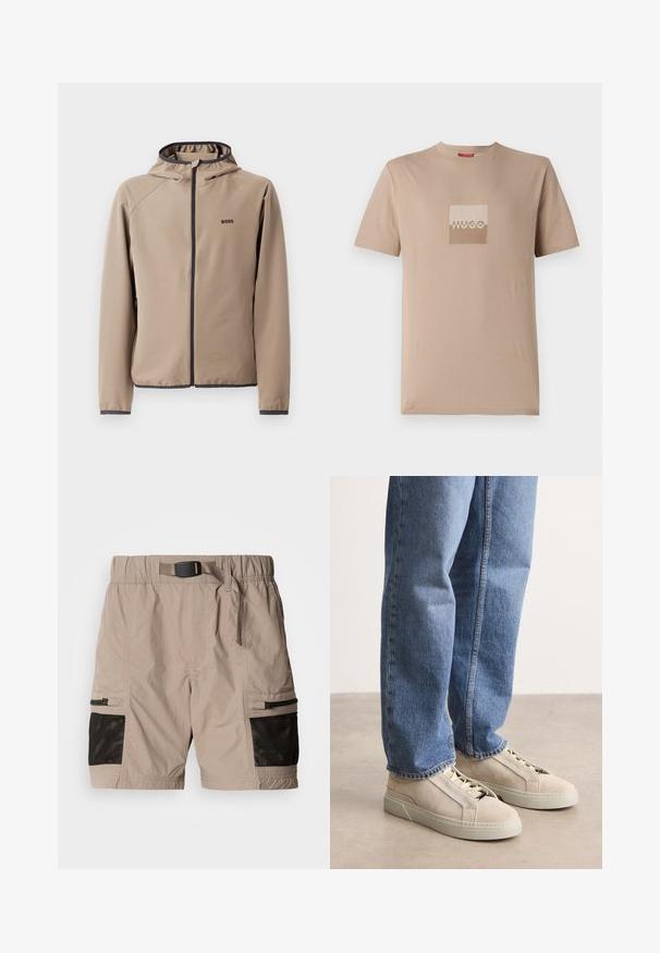 Beige hættejakke med lynlåsfront, sorte detaljer og logo på brystet. Fremstillet af et glat, strækbart stof med en tætsiddende design.; Beige t-shirt lavet af bomuld, med et firkantet logo i hvid og lys brun. Korte ærmer, rund halsudskæring, normal pasform.; Beige cargo shorts i en tekstureret stof, med mesh-paneler i sort, elastisk talje og sidelommer med lynlåse.; BOSS GARYTENN_SDHDEL - Sneakers - natural ten