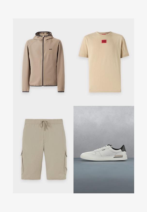 Beige gewatteerde jas met een ritssluiting aan de voorkant, zwarte accenten en een logo op de borst. Gemaakt van een gladde, rekbare stof met een getailleerd ontwerp.; Beige katoenen T-shirt met een relaxte pasvorm, voorzien van een kleine rode "HUGO" logo patch in het midden en een klassieke ronde hals.; Beige cargoshorts met een elastische tailleband en een koord. Beschikt over zijzakken en een zachte, lichte stof.; Witte lage sneaker met zwarte hiel, vetersluiting, subtiele perforaties en het "BOSS" logo aan de zijkant, getoond vanuit het zijprofiel.
