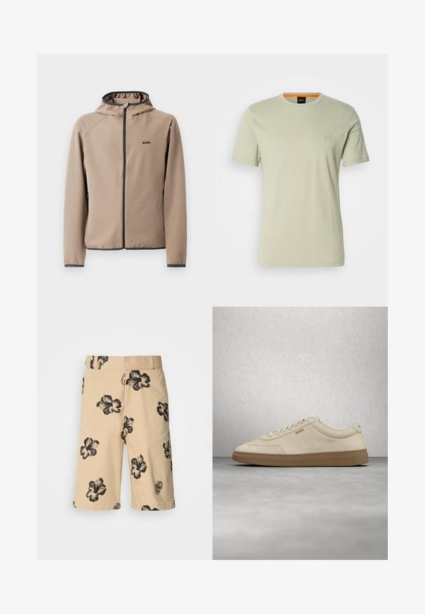 Beige hættejakke med lynlåsfront, sorte detaljer og logo på brystet. Fremstillet af et glat, strækbart stof med en tætsiddende design.; Lys grøn kortærmet t-shirt lavet af bomuld. Har et lille firkantet logo på brystet og en orange detalje ved halsudskæringen.; Beige shorts med sort hibiscus blomster mønster. Har elastisk talje og et logo detaljeret på den nederste side. Fremstillet af letvægtsstof.; Lyse beige ruskindssneaker med gummisål i farven gum, tydelige snørebånd og fine syningsdetaljer. Ren design med et minimalistisk æstetisk udtryk.