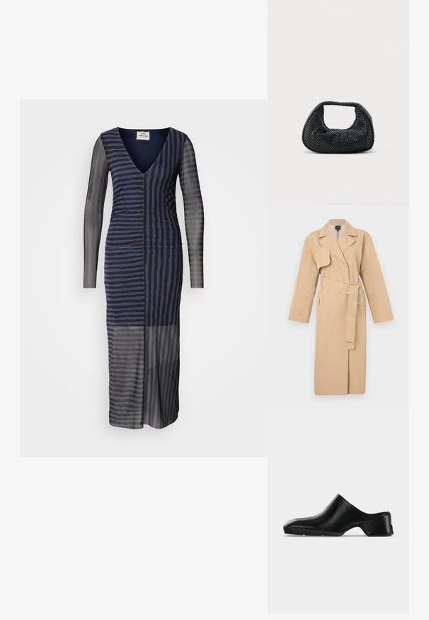 Beige Trenchcoat mit Reverskragen, langen Ärmeln, Taillengürtel und seitlichen Taschen. Glatte Textur mit minimalistischer Gestaltung.; Langes Kleid mit tiefem V-Ausschnitt, vertikalen Streifen in Marineblau und Grau, transparenten langen Ärmeln, taillierter Silhouette und knöchellangem Schnitt.; Schwarzer Ledermule mit niedrigem Absatz, rundem Zehenbereich und Schlupf-Design, seitlich auf hellem Hintergrund dargestellt.; Schwarze gewebte Hobo-Tasche mit weicher Struktur und integriertem Griff, dargestellt vor einem schlichten hellen Hintergrund.