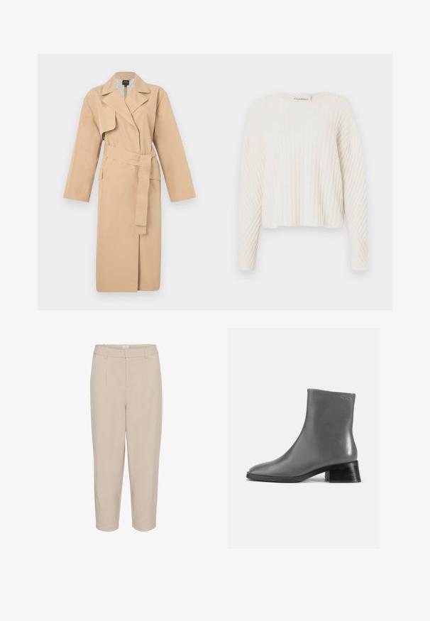 Beige trenchcoat met een reverskraag, lange mouwen, een strikceintuur in de taille en zijzakken. Soepele textuur met een minimalistisch design.; CLOSED CREW NECK - Trui - ecru; Beige cropped broeken met een gladde textuur, voorplooien, twee zijzakken en een tailleband. Ontwerp met rechte pijpen en een op maat gemaakte afwerking.; Grijze leren enkelboot met een ronde neus en een korte, gestapelde zwarte hak. Soepele textuur met minimale details.