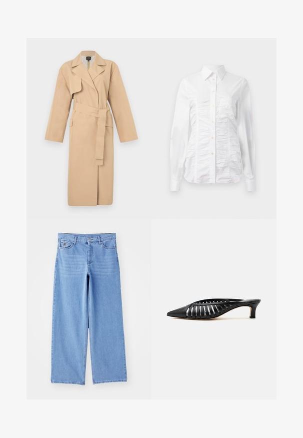 Trench coat beige con cuello de solapa, mangas largas, cintura ceñida con cinturón y bolsillos laterales. Textura suave con un diseño minimalista.; Camisa blanca de botones con mangas largas, que presenta una textura fruncida en la parte delantera, pequeños botones dorados y un cuello estándar.; Jeans de pierna ancha de color azul claro, confeccionados en denim, con un diseño clásico de cinco bolsillos y cierre de botón. Textura suave, dobladillo deshilachado.; Zapato mule de cuero negro con punta afilada, diseño de tiras con recortes y tacón bajo tipo kitten sobre fondo blanco.