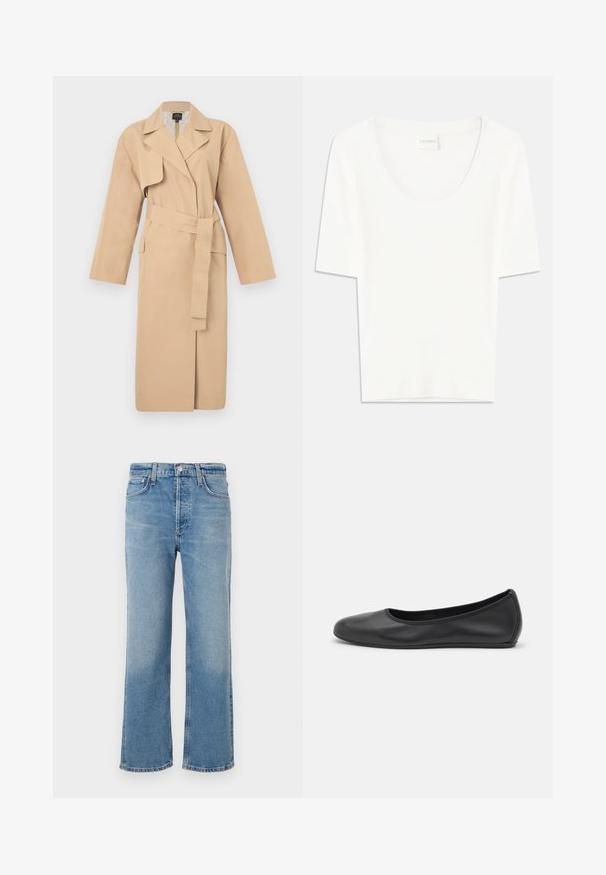 Trench coat beige con cuello de solapa, mangas largas, cintura ceñida con cinturón y bolsillos laterales. Textura suave con un diseño minimalista.; Camiseta blanca de manga corta con cuello redondo. Confeccionada en suave tejido de algodón, presenta un corte relajado y un diseño minimalista.; Vaqueros de denim azul claro con corte recto, que presentan una cintura alta, cinco bolsillos y un acabado clásico, ligeramente desvaído.; Bailarina de piel negra con punta redondeada, textura suave, detalle de costura minimalista y diseño de suela flexible.