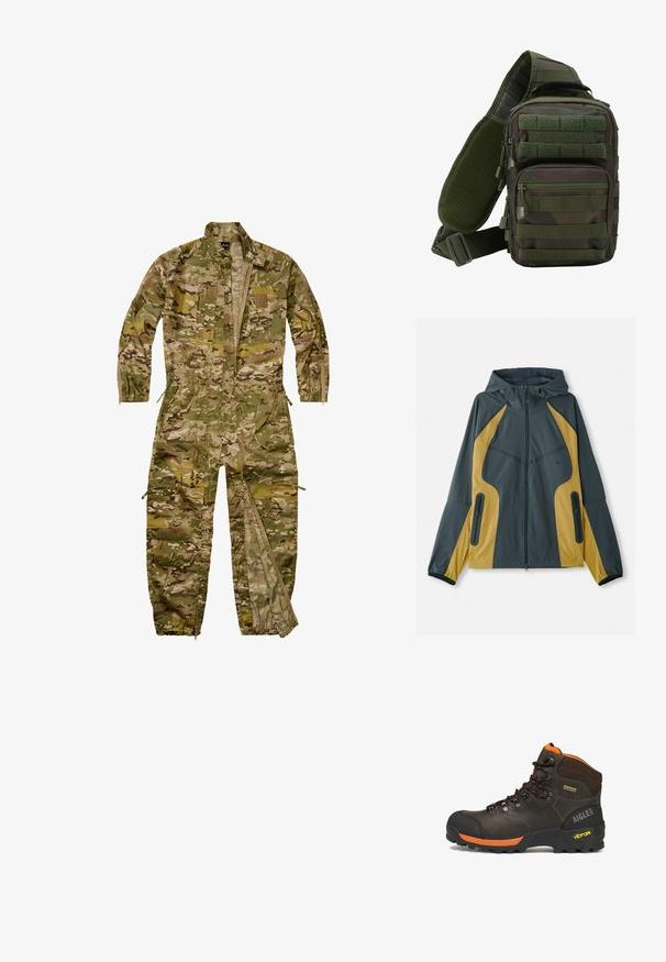Grå og gul hættejakke med lynlås foran, der har kontrasterende paneler, lynlåslommer og elastiske manchetter. Glat tekstur.; Heldækkende militær-inspireret camouflage-dragtt med lange ærmer, lynlås foran, flere lommer og elastiske manchetter ved ben og håndled.; Brun læder vandrestøvle med sorte og orange accenter, sorte snørebånd, Vibram-sål, Gore-Tex mærkat og Aigle 1853 branding på hælen.; Grøn camouflage sling rygsæk med flere lynlåslommer, en justerbar rem og et netpanel på ryggen for ventilation.