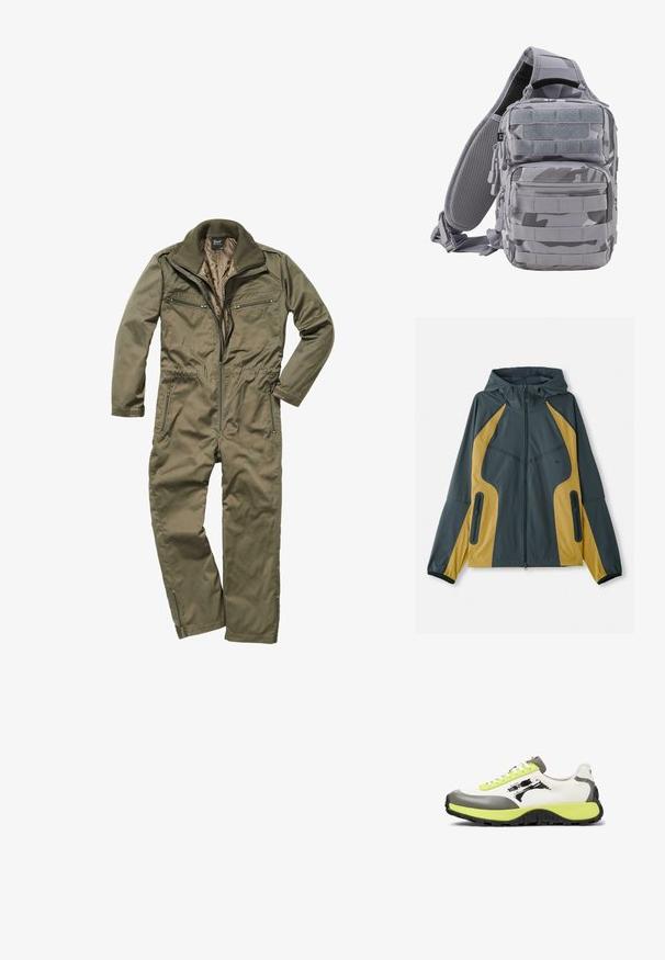 Grå og gul hættejakke med lynlås foran, der har kontrasterende paneler, lynlåslommer og elastiske manchetter. Glat tekstur.; Oliven grønt jumpsuit lavet af holdbart stof, med lynlås foran, ribbet krave og flere lynlåslommer på brystet og siderne.; Sneakers har en overdel af hvidt lærred, grå gummidetaljer, neongrøn snørebånd, et fremtrædende logo og en struktureret sort sål for greb.; Brandit US COOPER EVERYDAYCARRY-SLING - Skuldertasker - blizzard camo