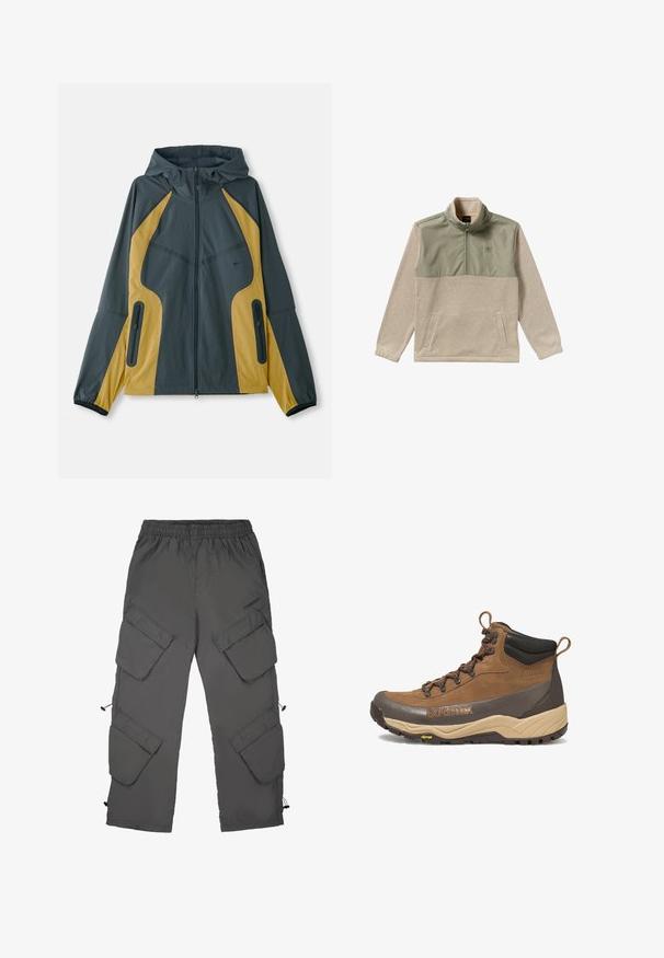 Grå og gul hættejakke med lynlås foran, der har kontrasterende paneler, lynlåslommer og elastiske manchetter. Glat tekstur.; Fleece pullover i beige og olivengrøn med halvlukket design, høj krave og to sidelommer. Glat tekstur på det øverste panel.; Cargo bukser i mørkegrå stof med elastisk talje, flere cargo-lommer, snoretræk ved bunden og en glat tekstur.; Brun og beige vandrestøvle i mellem højde med sort polstret krave, Gore-Tex-logo, metaløjer og Vibram-ydersål.